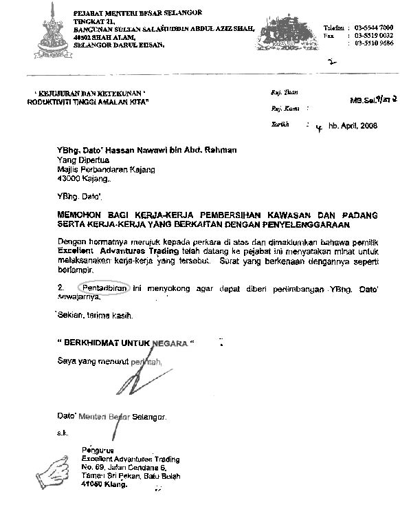 Surat Rasmi Kepada Menteri Besar Selangor - Surat Ras